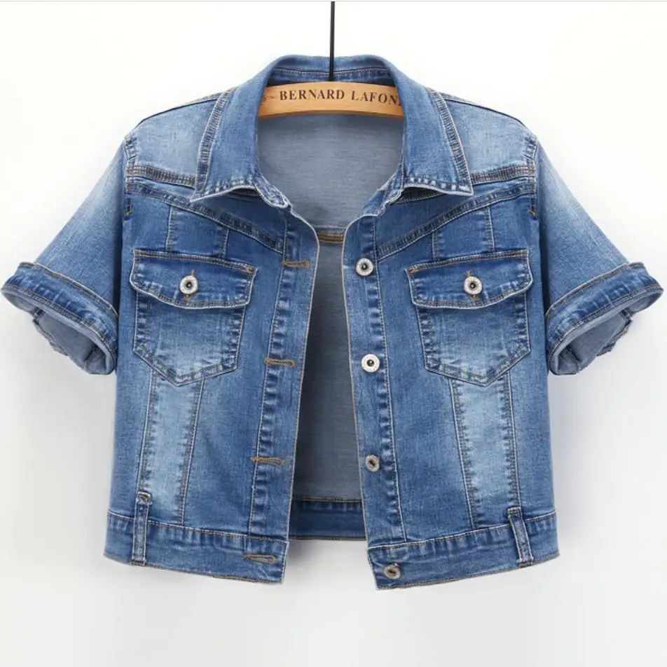 

2021 Summer short-sleeved denim cardigan jacket women turn down collar short slim jeans coat