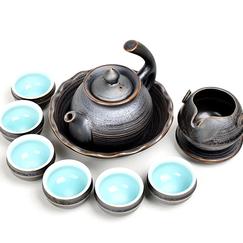 

12pcs/lot heavy tea set porcelain rust-like glaze pot with holder pitcher tea cups Chinese kungfu tea sets ceramic serving pots