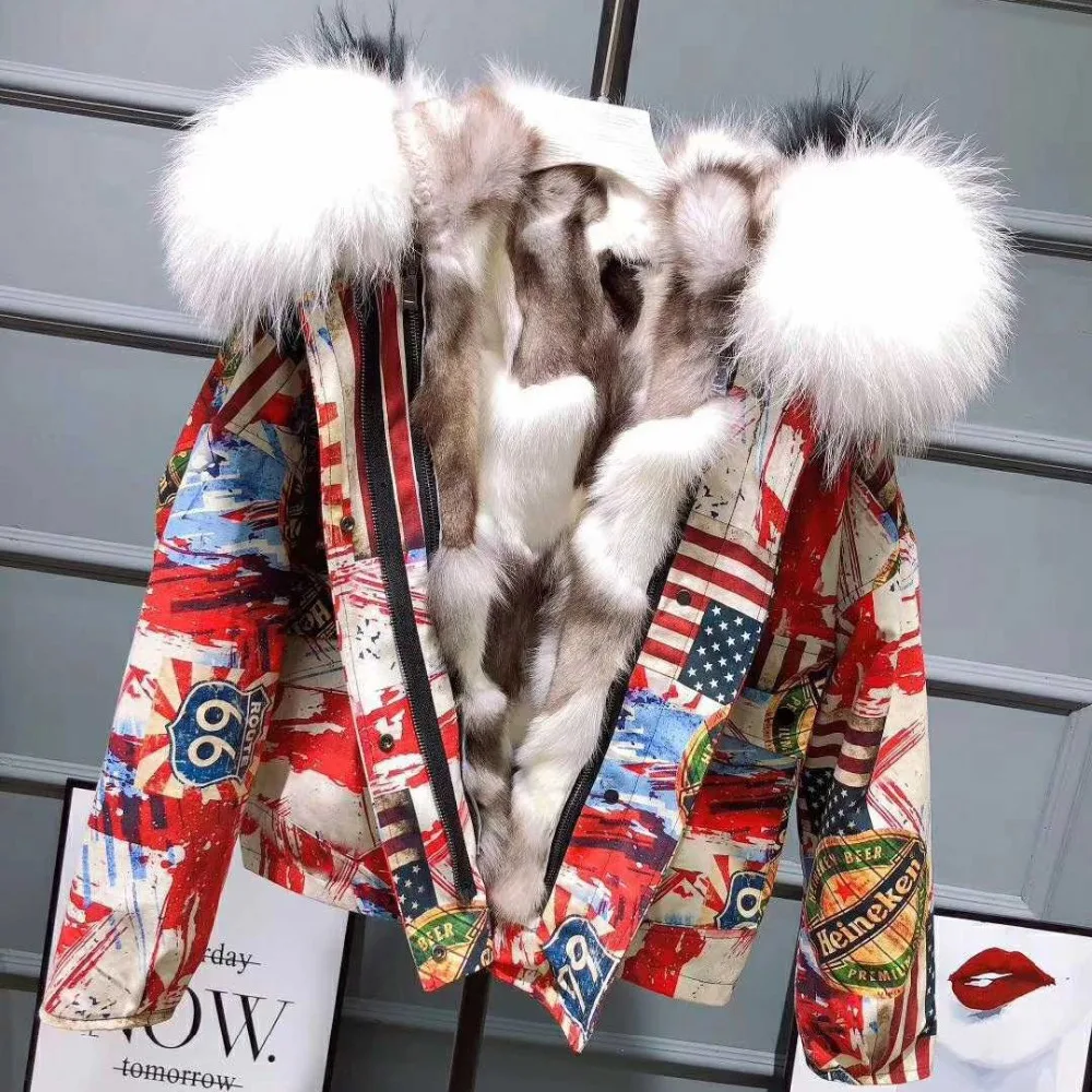 Real Fur coats woman winter 2022 New Thicken Warm abstract print jacket real fox fur inner large fur collar parkas for women