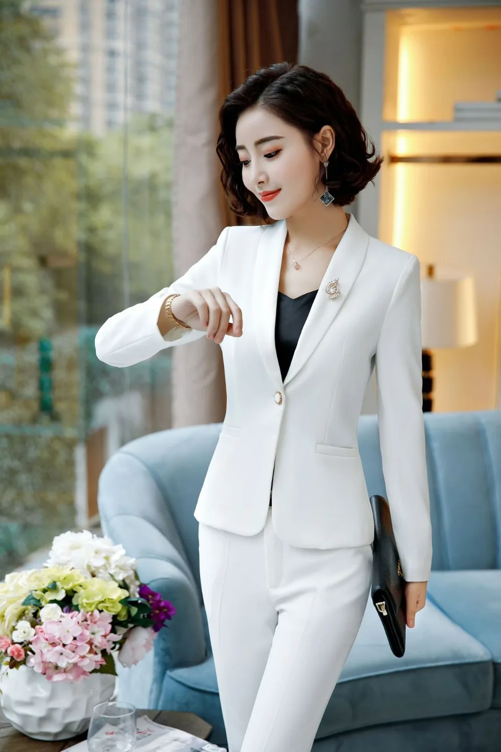 IZICFLY Spring Fall Formal Pant Suit Office Lady Uniform Designs for White Blazer Women Business Long Femme Work Wear