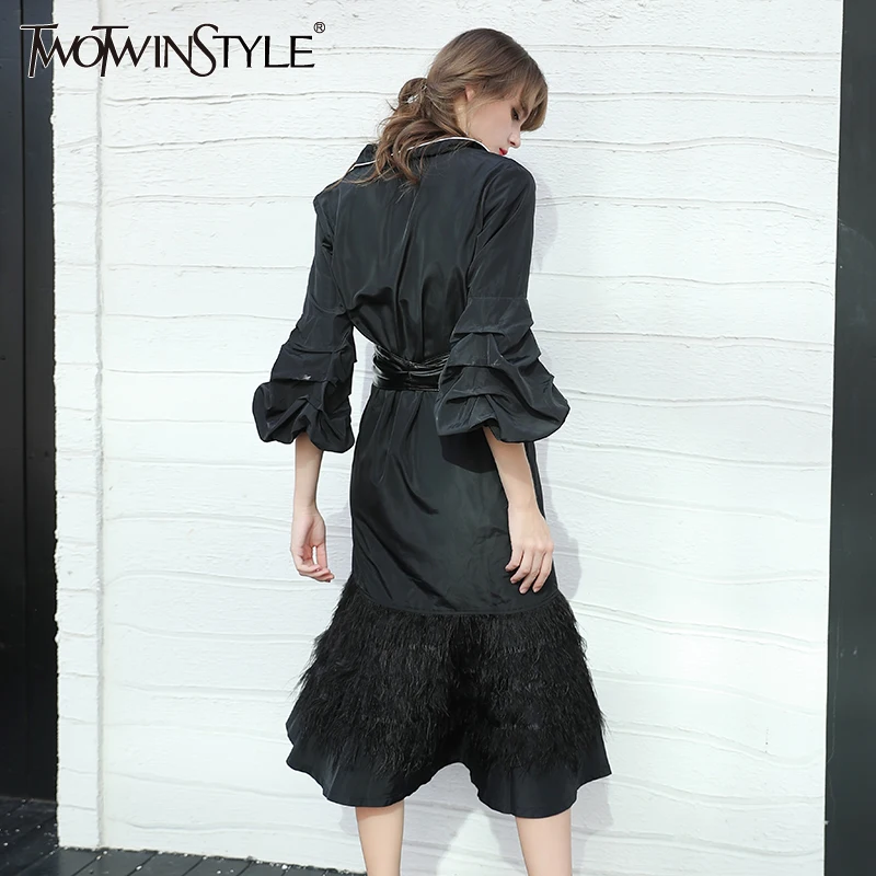 Twotwinstyle Puff длинным рукавом черный Для женщин ветровка Тренч женский Кружева Up кардиган с Перо подол юбки осень