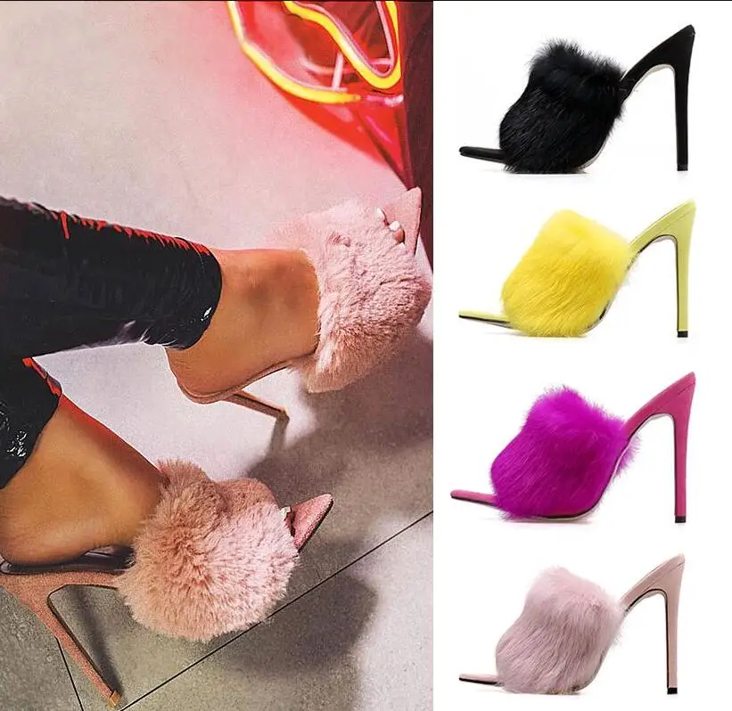 Женская обувь на высоком каблуке с острым носком кроличьим мехом в западном