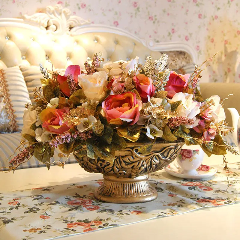 

European Classical Luxury Ceramic Vase+Peony Artificial Flower Set Figurines Decoration Craft Home Livingroom Desktop Ornament