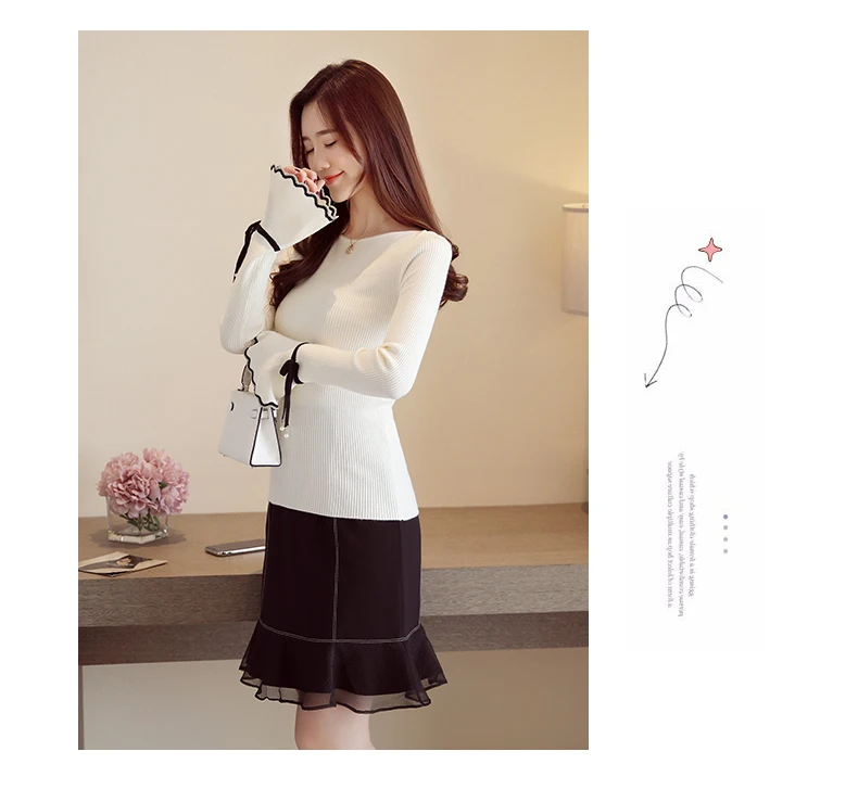 Slash Neck Flare Sleeve Sweater Women Pullovers Jumper Bowknot Knitting Top Femme Autumn Winter Korean Sueter Mujer C80007 | Женская