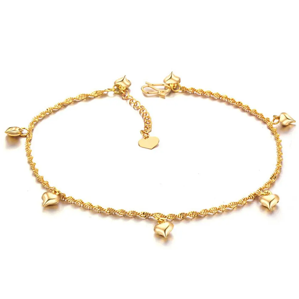 Womens Anklet Gold Filled Solid Beach Foot Chain Link with Heart Design For Lady Classic Style Sexy Jewelry 25cm Long