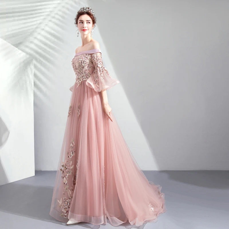 Женское вечернее платье до пола SSYFashion розовое с вырезом лодочкой рукавами 2019 и