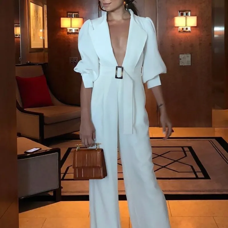 CHICEVER Summer Elegant Solid Women Jumpsuits Lapel Half Lantern Sleeve High Waist Sashes Full Length Flare Female Jumpsuit