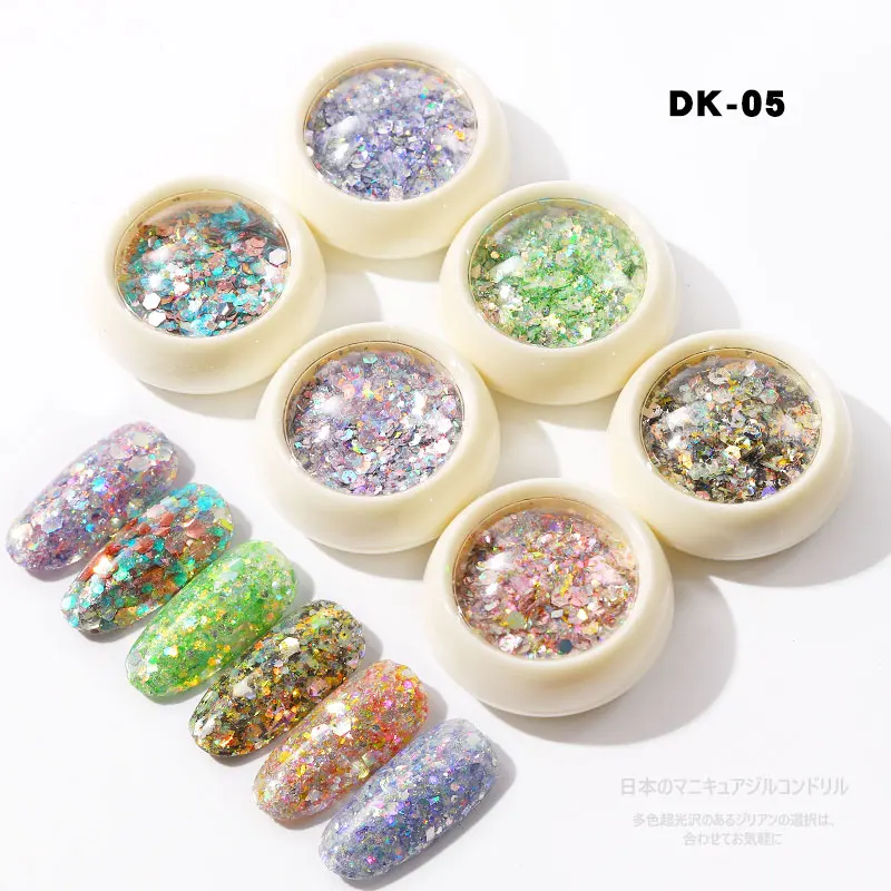 DK-05 6 коробок/набор лазерные смешанные Блестки для нейл Арта(искусство украшения ногтей) набор блесток блестящие красочные хлопья для ногтей 3d порошок хлопья ногтей DIY украшения для ногтей - Цвет: DK-05