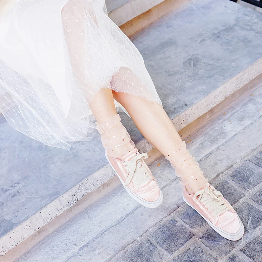 Summer New Fashion Design Thin Transparent Silk Women Socks White Shining Tulle Mesh Long Funny Korean Hosiery | Женская одежда