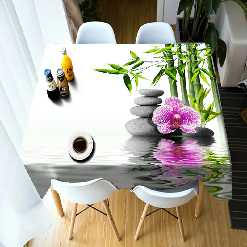 

3d Pink Orchid 3d Tablecloth Wedding Decoration Green Bamboo/stone Pattern Washable Polyester Rectangular and Round Table cloth