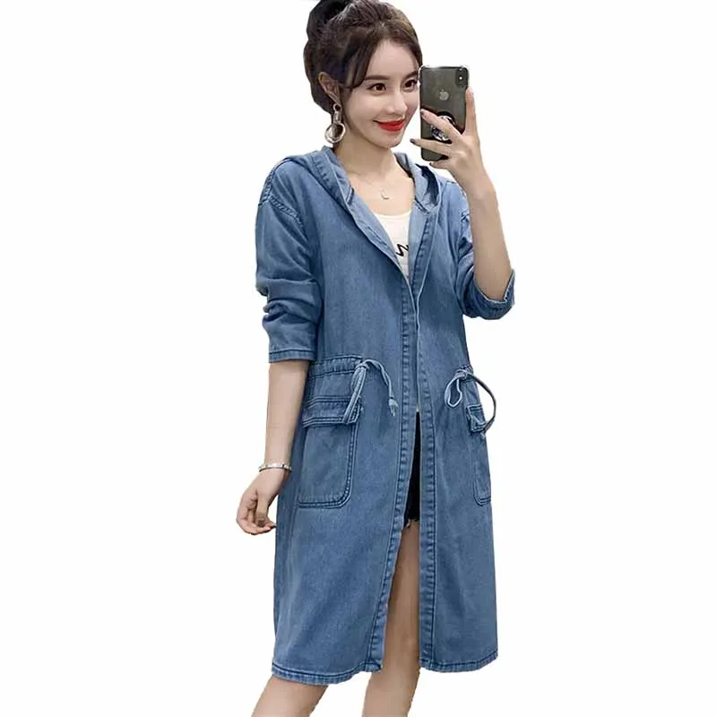 

2019 Fashion Plus size XL-4XL Hooded Denim Trench Coat Women Spring Autumn Loose Windbreaker Female Casual Tops Long Trench G331