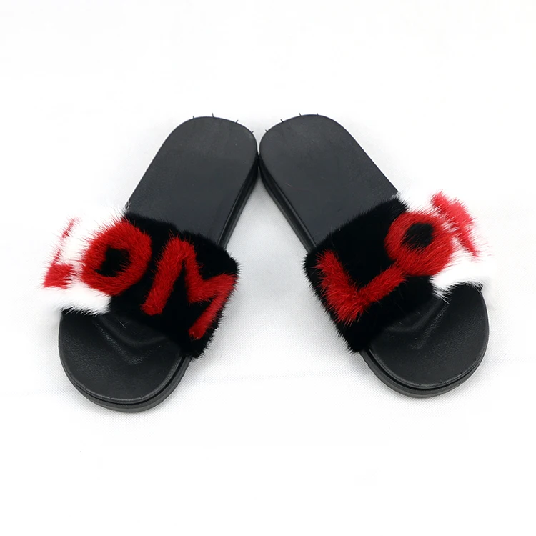 

Women Mink Slippers Mixed Colors Real Hair Slides Female Sandals With Fur Home Cute Plush Shoes