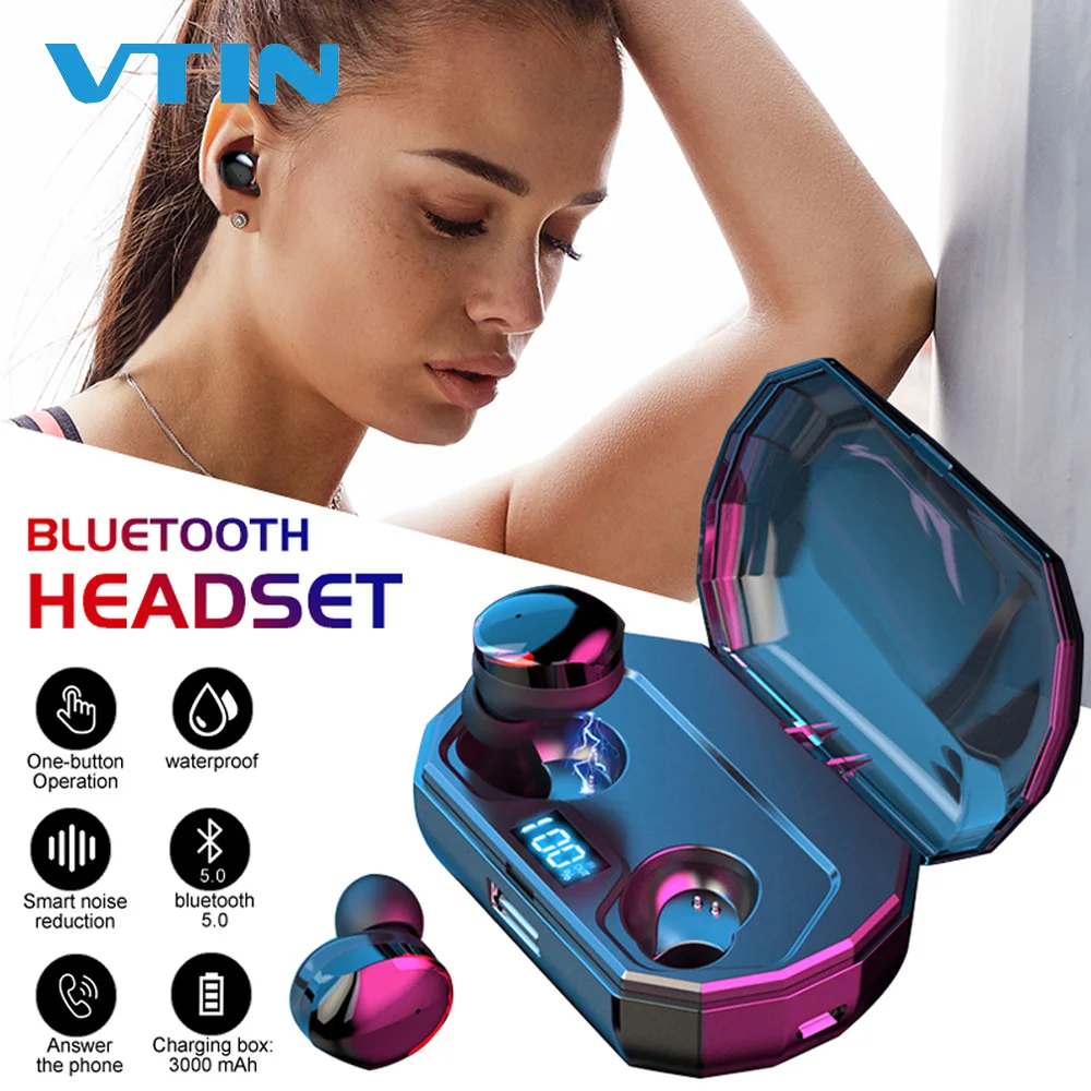 VTIN TWS Bluetooth Headset 5.0 Wireless Mini Power Digital Display Touch Control IPX6 Waterproof In-ear Earbud 3000mAh | Электроника