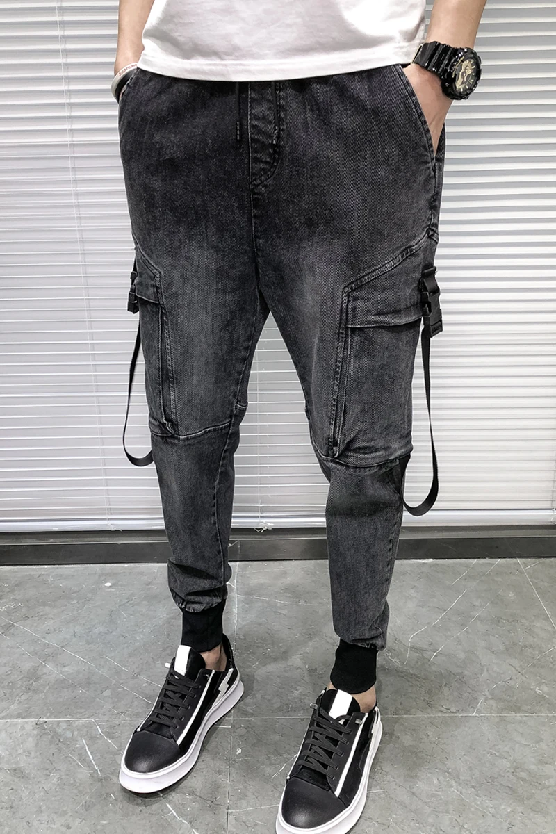 

Spring Autumn New Fashion Denim Cargo jeans men Slim Multi-pocket Ribbon Taper Streetwear Harem Jeans Stretch Denim Trousers