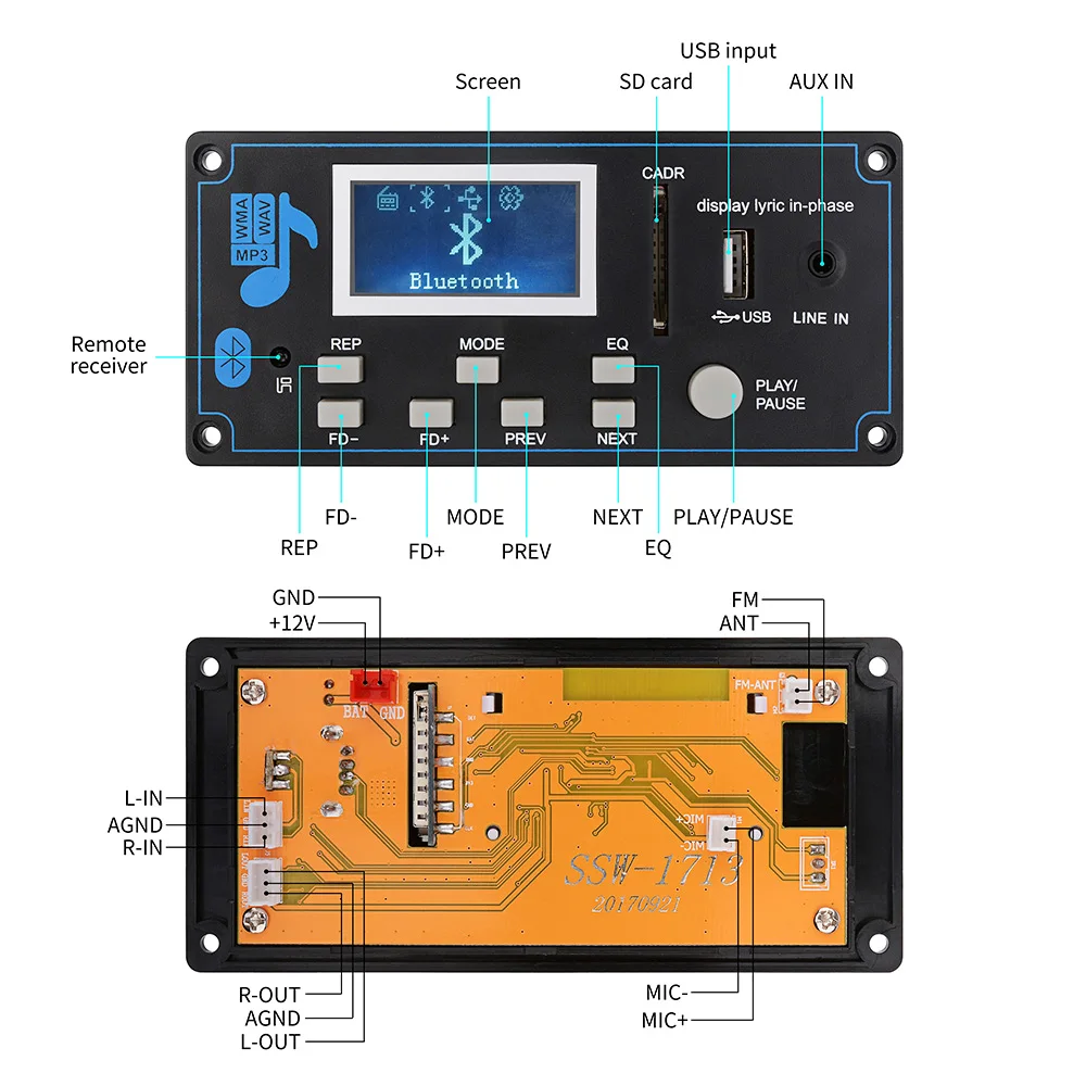 Bluetooth MP3 декодер AIYIMA плата WMA USB SD FM AUX Автомобильный модуль синхронизация слов DIY