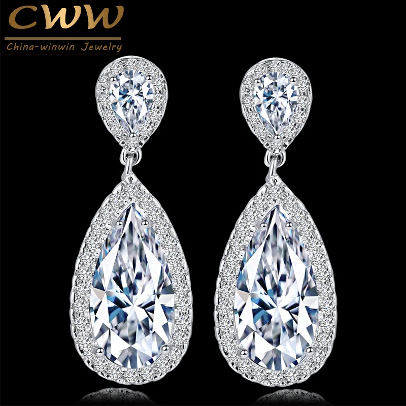 

CWWZircons Classic Silver Color White Cubic Zirconia Crystal Long Tear Drop Dangle Earrings For Women Party Jewelry Gift CZ058