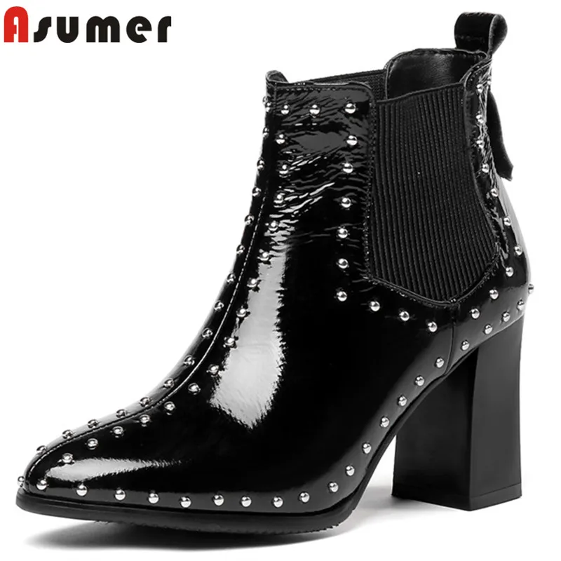 ASUMER/черные модные осенне зимние ботинки женские из лакированной коровьей кожи с
