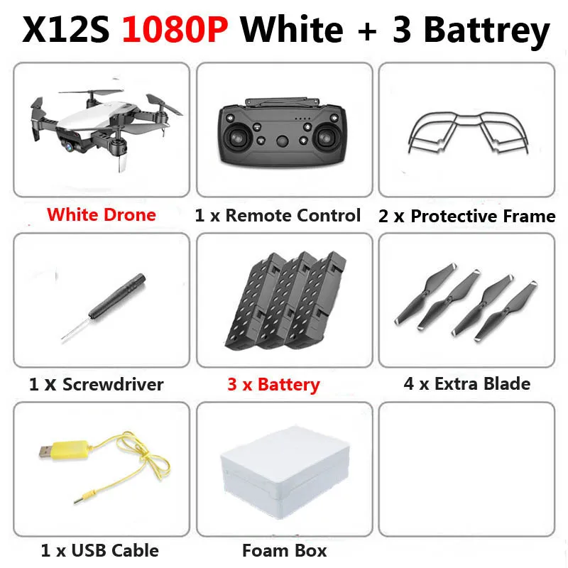 1080P White 3B Foam X12S Wi-Fi FPV мини складной Дрон Двойная камера 1080P 4K оптический поток воздушная видео профессиональный Радиоуправляемый квадрокоптер Вертолет игрушка SG106 - Цвет: 1080P White 3B Foam