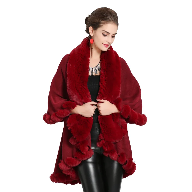 2018 Winter Warm Fake Fox Fur Long Knitted 2 Layer Solid Poncho Cape Cloak Oversize Sweater Women European Cardigan Coat |