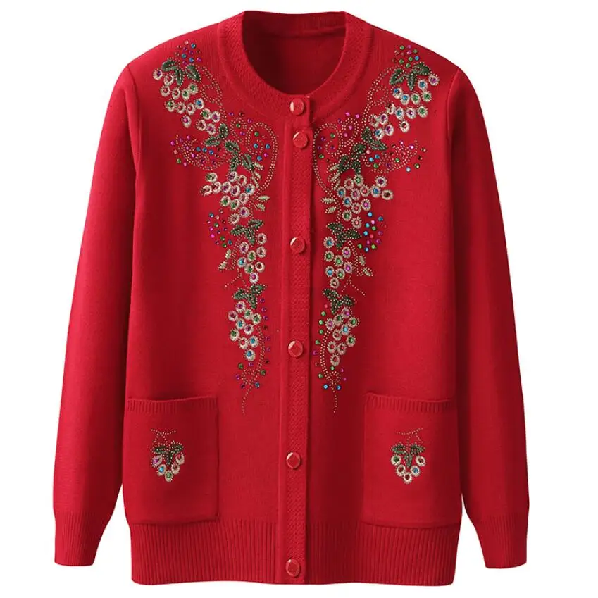Middle and Old Age Women's Spring Autumn printed Sweater Cardigan 60-70 Year Grandmother Knitted Jacket Cashmere Pockets |
