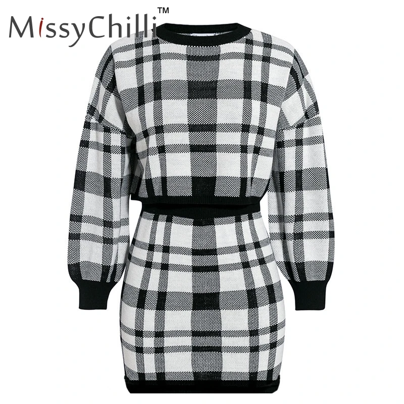 Черный MissyChilli, элегантное вязаное клетчатое платье, костюм из двух частей, Женское зимнее клубное мини короткое платье, женские вечерние платья с длинным рукавом, облегающее платье - Цвет: Черный