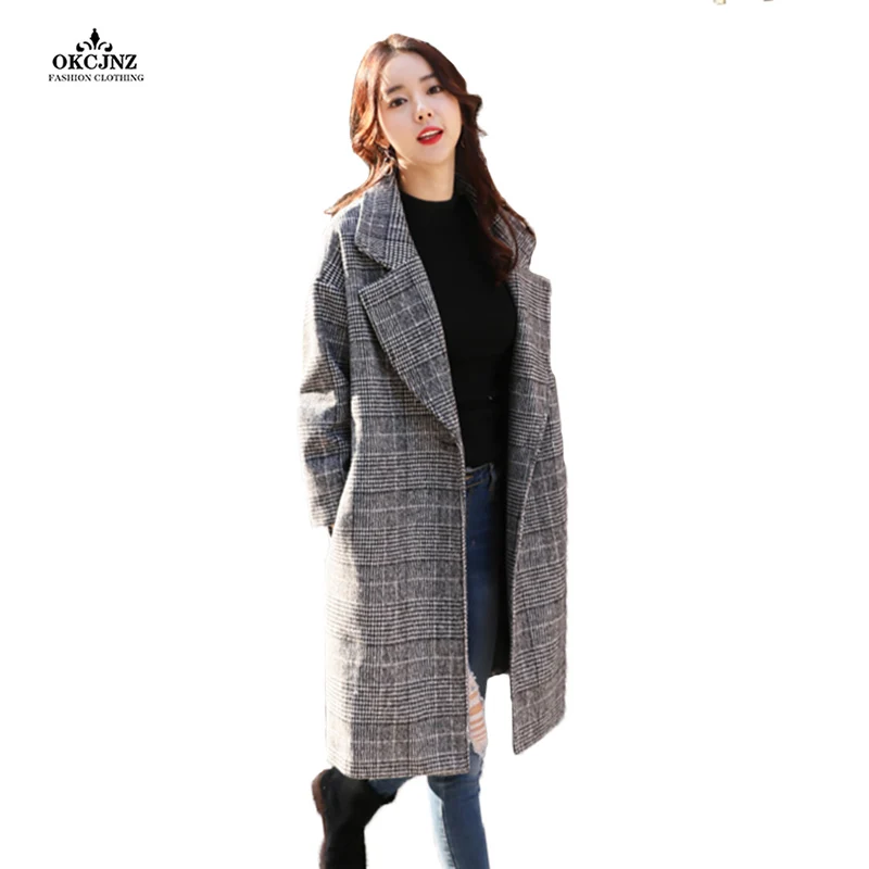 Новинка 2017 шерстяное пальто в клетку женское винтажное повседневное с лацканами