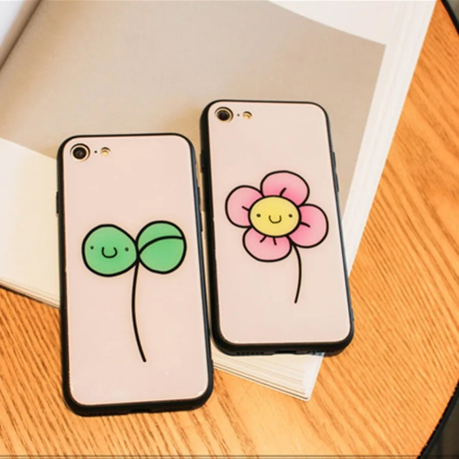 Cute Lovers Couples Tempered Glass Case for iPhone X XS Max XR 7 8 Plus Painted Flower Grass Pattern Soft TPU Cover Back |