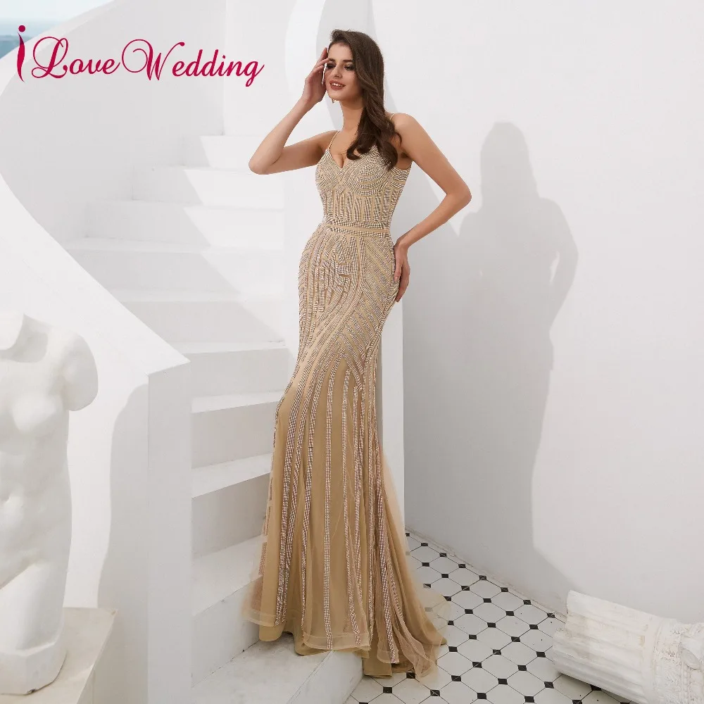 ILoveWedding Vestido de festa великолепные v-образный вырез на тонких бретелях серые расшитые блестками Длинные вечерние платья Русалка