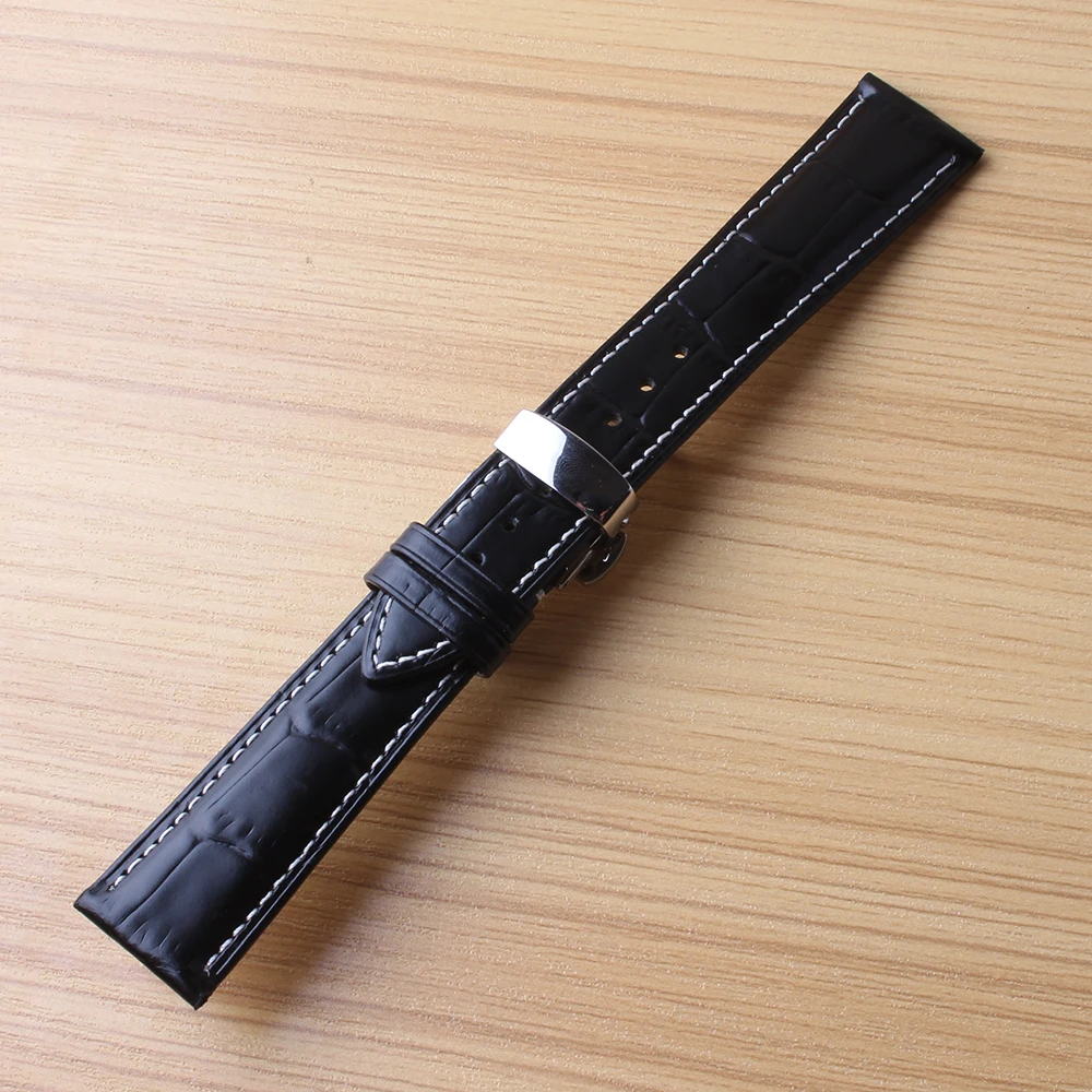 

Watchbands Black With white Line stitched 18MM 19MM 20MM 21MM 22MM Watch band strap with butterfly buckles for Mechanical watch