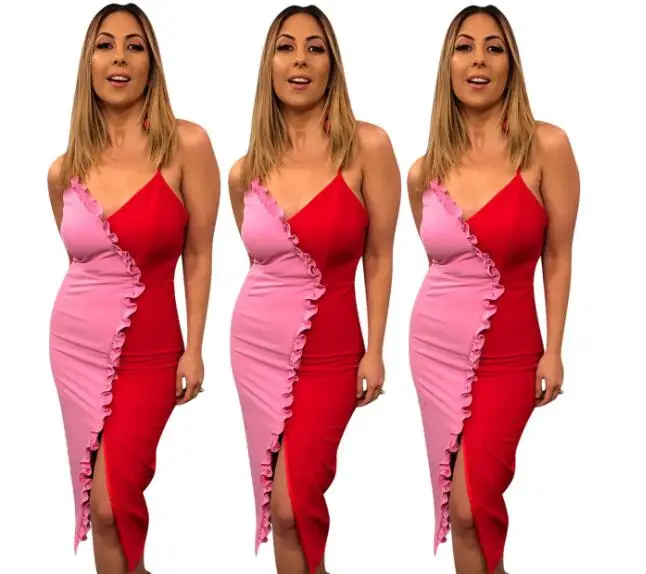 

Women Pencil Dress 2022 Summer Sexy V-neck Sleeveless Patchwork Vintage Ruffles Midi Sling Dress Beach Style Dresses