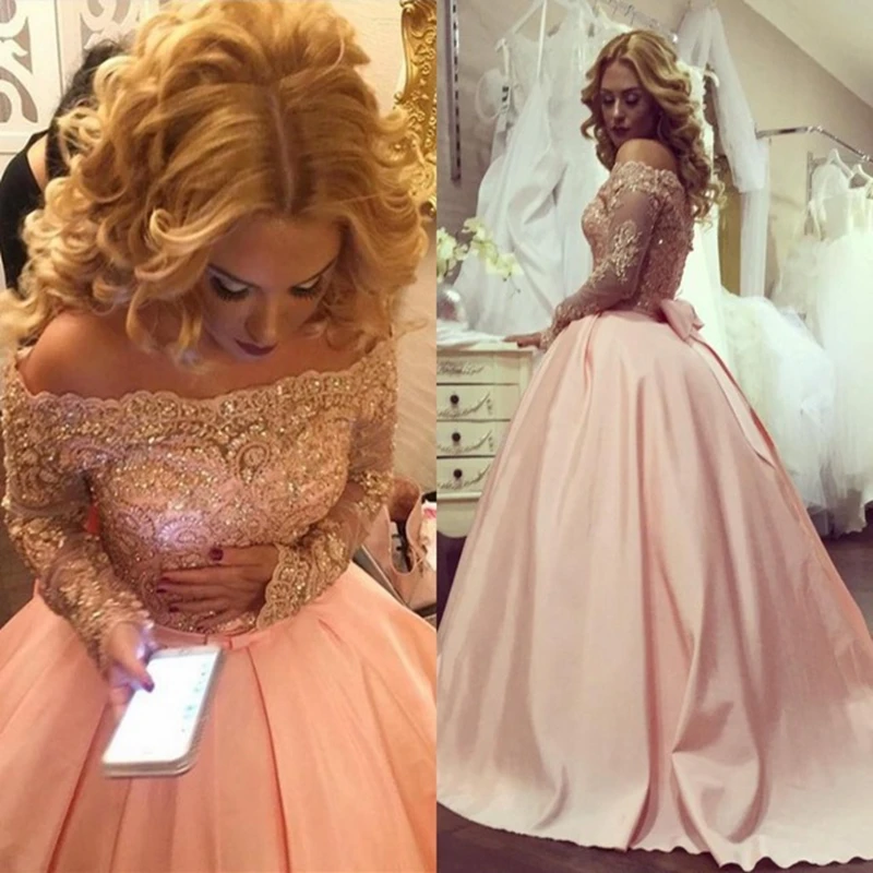 

New Arrival Pink Ball gown evening dresses Long sleeve 2021 Abendkleider Robe de soiree Formal dress Party abiye elbiseler