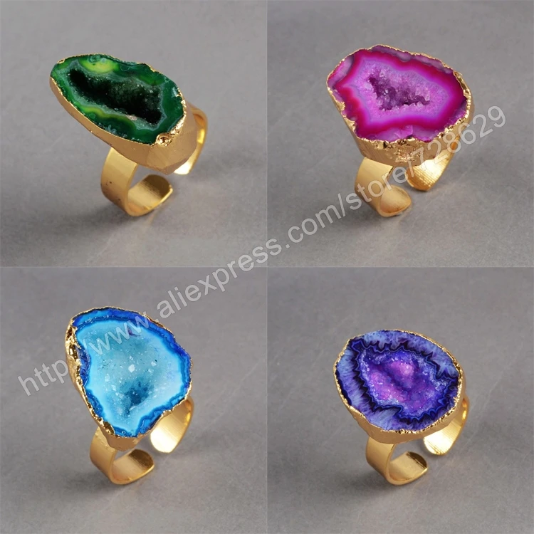 BOROSA 5pcs Dyed Colors Natural Agates Druzy Geode Ring Freeform Cave Small Drusy Gold Band Rings Gems Jewelry G0140 | Украшения и