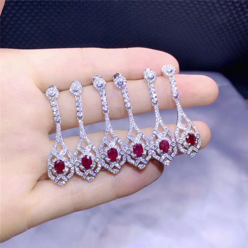 Серьги-капли с натуральным Рубином, свисающие для женщин, вечерние, подарки, настоящий драгоценный камень, белое золото, хорошее ювелирное изделие, 925 пробы серебро#642