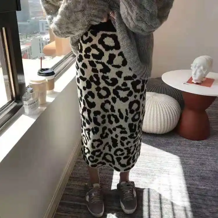 Женская трикотажная юбка Jupe леопардовая с высокой талией на осень и зиму 2020 |