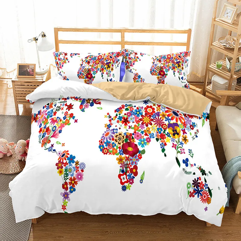 

World Map Bedding Set Vivid Printed Blue Bed Duvet Cover with Pillowcase Twill Cozy Home Textiles Queen Sizes2/ 3pcs