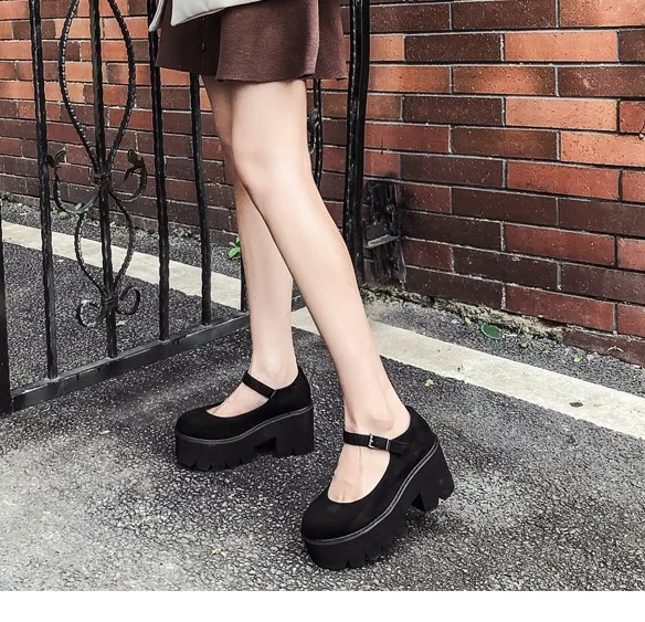 AIYKAZYSDL Women Pumps Platform Wedge Shoes Block Chunky Thick High Heels Preppy Style Cosplay Shoes Mary Jane Faux Suede Shoes - Color: black