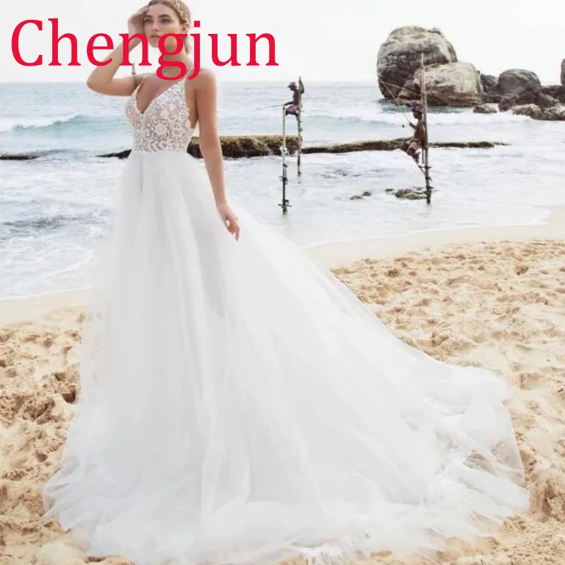 Chengjun простое ТРАПЕЦИЕВИДНОЕ платье без рукавов Boho пляжное свадебное платье
