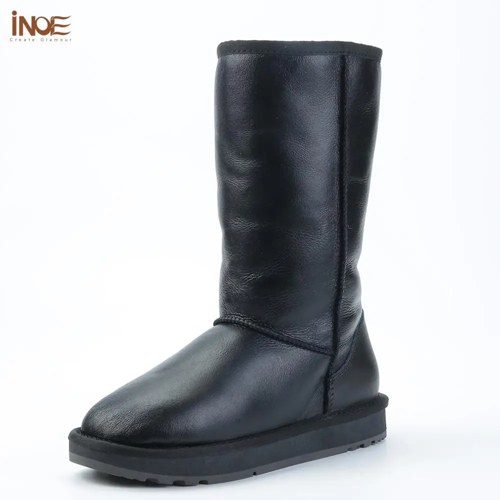 

INOE Waterproof Real Sheepskin Leather Women High Winter Snow Boots Casual Shearling Wool Natural Fur Lined Warm Shoes Black
