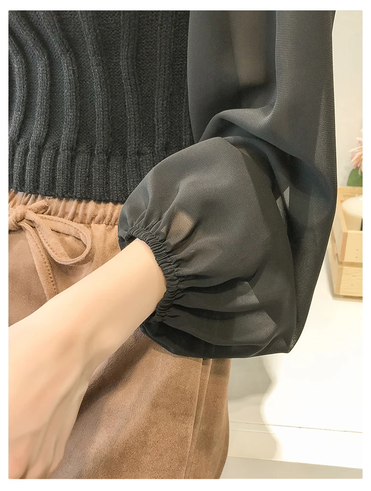 OllyMurs New Fashion Women Slim Knitted Sweater Chiffon Stitching Ladies O-neck Sexy Short Tops Sweaters Lantern Sleeve Knitwear | Женская