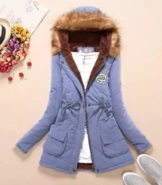 Light blue Зимнее женское пальто новая парка Повседневная Верхняя одежда милитари с капюшоном утепленное хлопковое пальто зимняя куртка женская меховая одежда S-XXXL - Цвет: Light blue