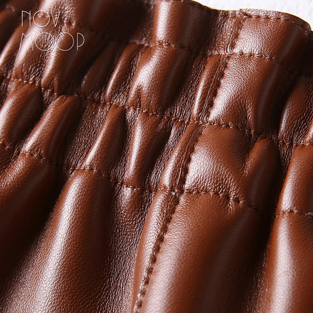 2019 autumn culottes elastic waist genuine leather skirt with button and pocket decor gonna in vera pelle LT2781
