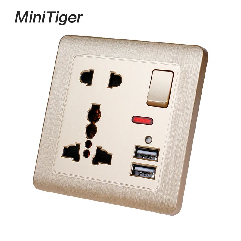 Minitiger настенная розетка 13A универсальная 5 отверстий переключаемая 2.1A двойной usb