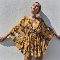womens deep v bodycon printed flowers sundress with sashes beach dress