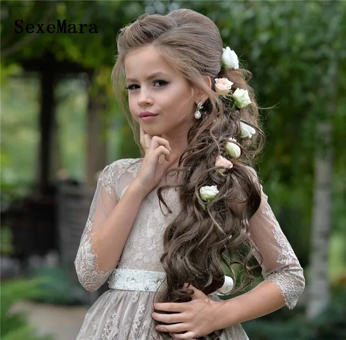 Gray Flower Girl Dresses for Wedding Lace Princess A Line Long Sleeves Pageant Party Gown For Kids Birthday | Детская одежда и