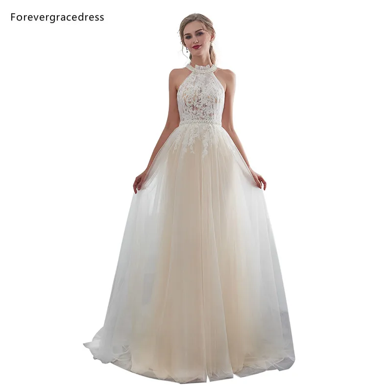 Свадебные платья с лямкой на шее Forevergracedress Длинные свадебные аппликацией из тюля