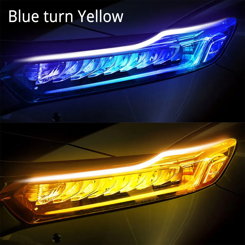 Blue turn Yellow Автомобильный светодиодный светильник, 30 см/45 см/60 см, гибкая светодиодная лента, водонепроницаемый, тонкий, гибкий, сигнал поворота, желтый, струящийся, ходовой светильник s DC 12V - Испускаемый цвет: Blue turn Yellow