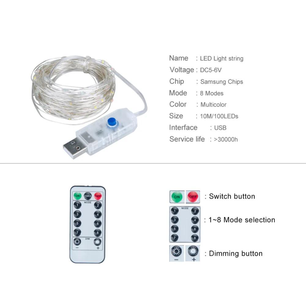 

10M USB 5V LED Christmas Light 8 Modes Outdoor Garland Fairy LED Holiday Lights Wedding Party Xmas Tree Indoor Decoration