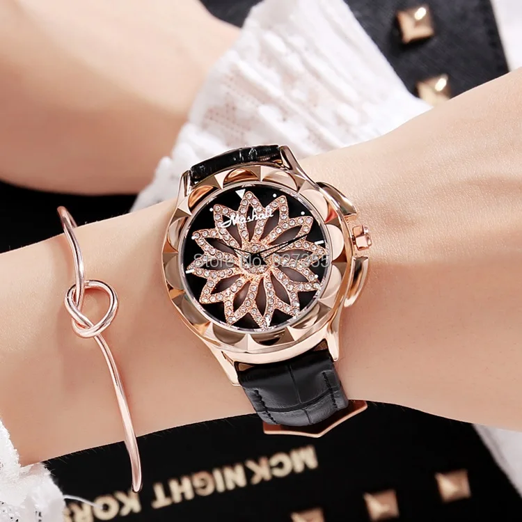 8 Colors Fashion Women Rotation Dress Watch Top Quality Female Stainless Steel Quartz Watches Lady Leather Band Rose Gold Watch