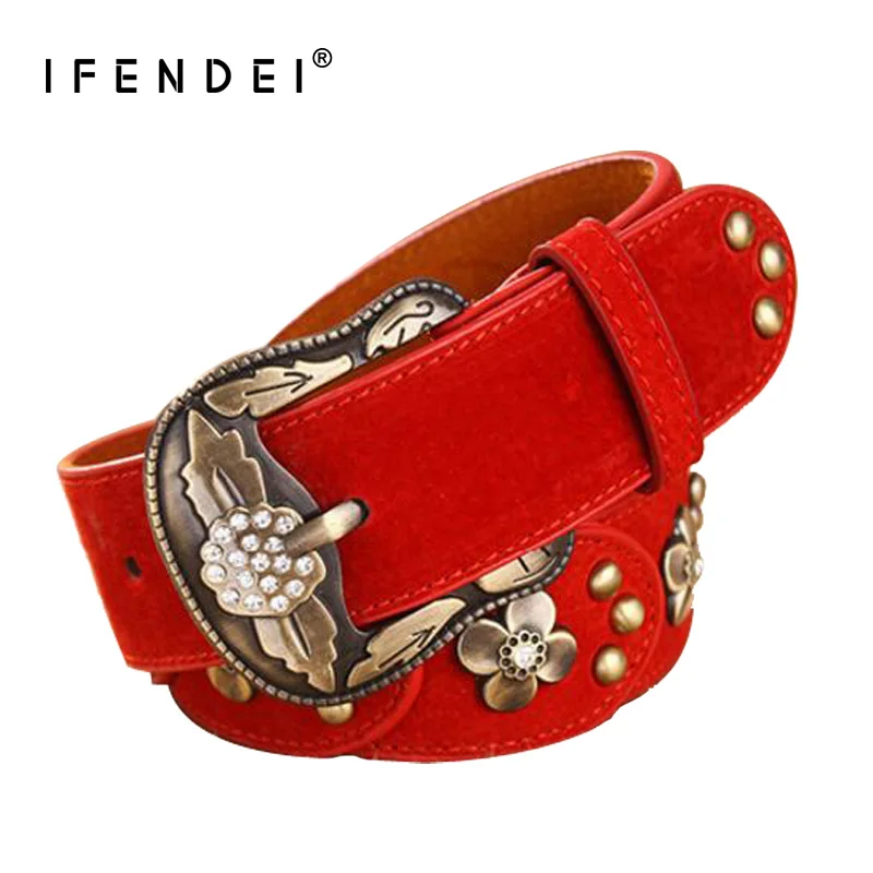 IFENDEI Diamond красный кожаный ремень модные заклепки цветочные повязки для Для женщин