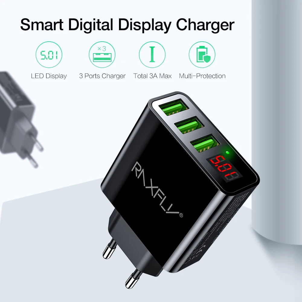 Универсальный usb-адаптер RAXFLY, светодиодный, цифровой, 3 порта, зарядное устройство для мобильного телефона для iPhone, Xiaomi, EU, US, настенное зарядное устройство для путешествий, s
